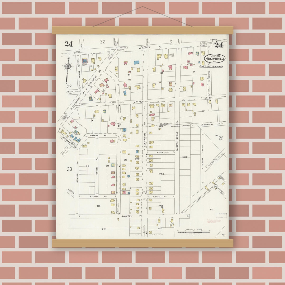 Old map wall art mockup — magnetic wood frame on brick wall — Sanborn Fire Insurance Map from Merchantville, Camden County, New Jersey (1925), Sheet #0024