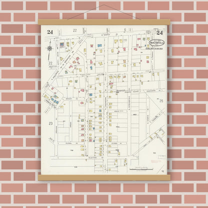 Old map wall art mockup — magnetic wood frame on brick wall — Sanborn Fire Insurance Map from Merchantville, Camden County, New Jersey (1925), Sheet #0024