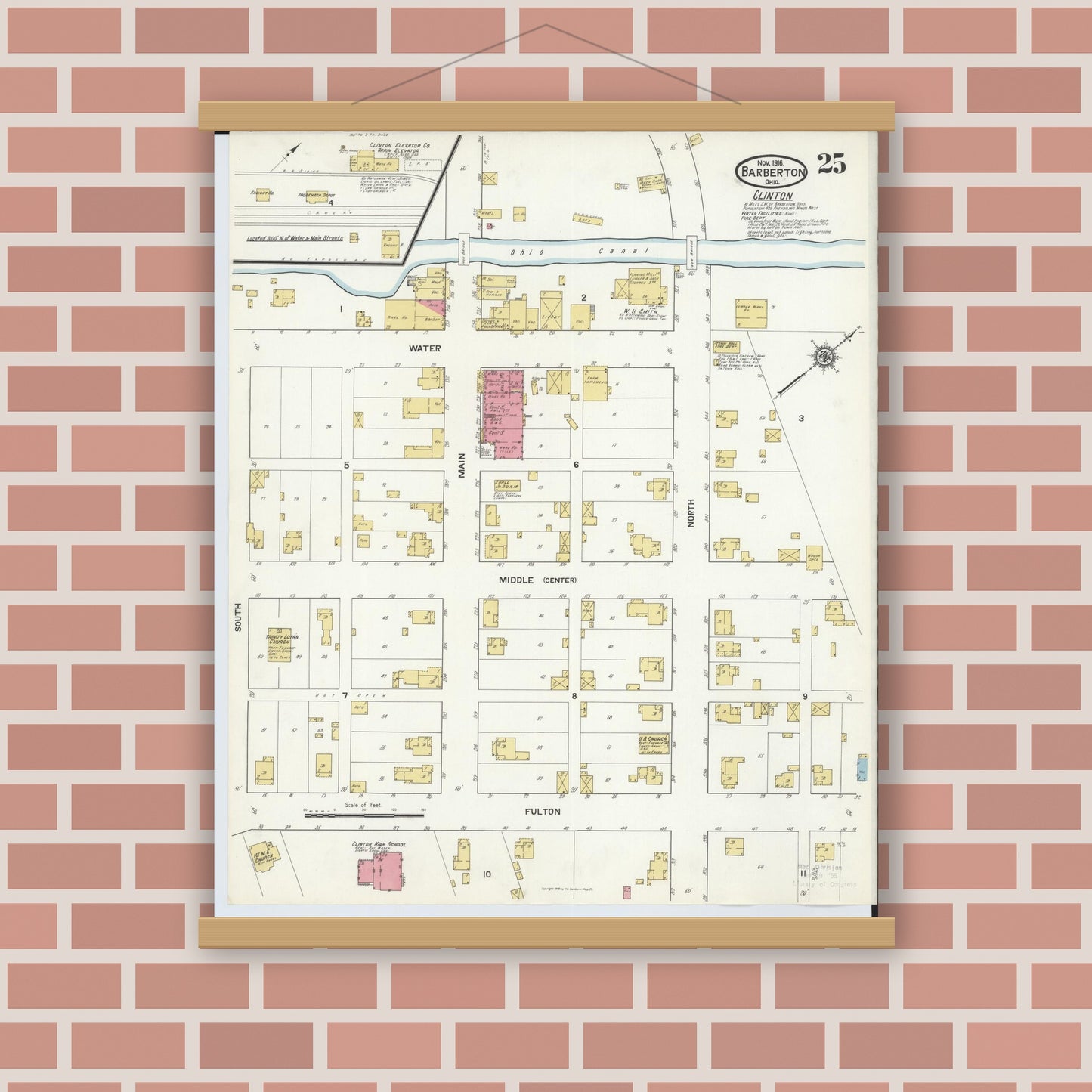 Old map wall art mockup — magnetic wood frame on brick wall — Sanborn Fire Insurance Map from Barberton, Summit County, Ohio (1916), Sheet #0025