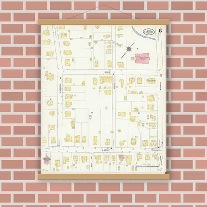 Old map wall art mockup — magnetic wood frame on brick wall — Sanborn Fire Insurance Map from Concord, Cabarrus County, North Carolina (1911), Sheet #0006