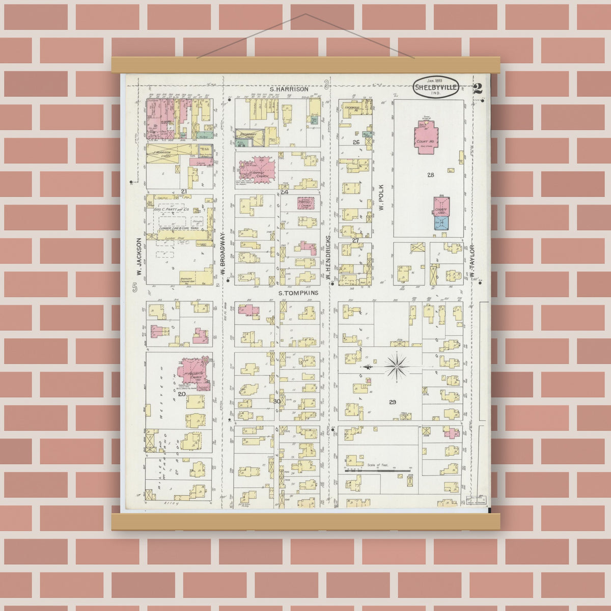Old map wall art mockup — magnetic wood frame on brick wall — Sanborn Fire Insurance Map from Shelbyville, Shelby County, Indiana (1893), Sheet #0002