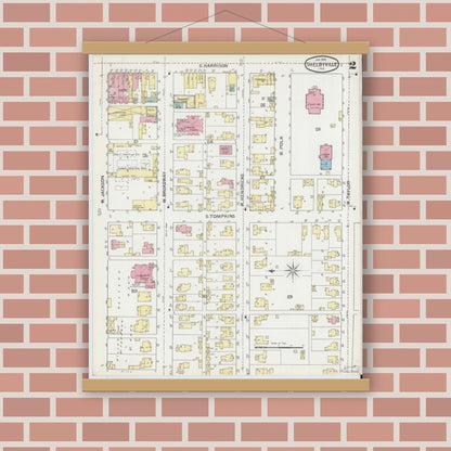 Old map wall art mockup — magnetic wood frame on brick wall — Sanborn Fire Insurance Map from Shelbyville, Shelby County, Indiana (1893), Sheet #0002