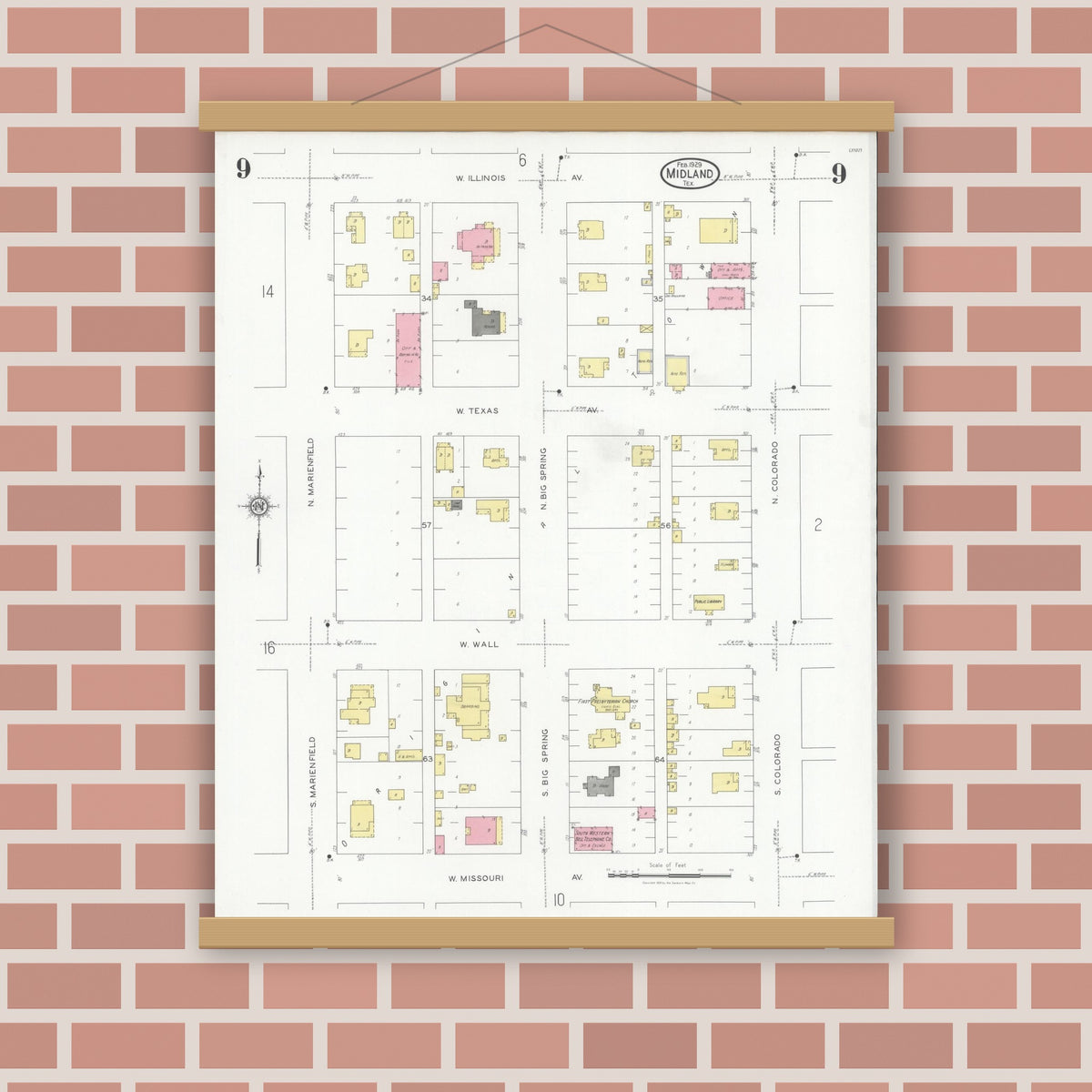 Old map wall art mockup — magnetic wood frame on brick wall — Sanborn Fire Insurance Map from Midland, Midland County, Texas (1929), Sheet #0009