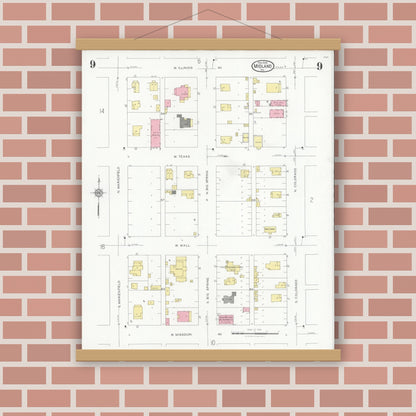 Old map wall art mockup — magnetic wood frame on brick wall — Sanborn Fire Insurance Map from Midland, Midland County, Texas (1929), Sheet #0009