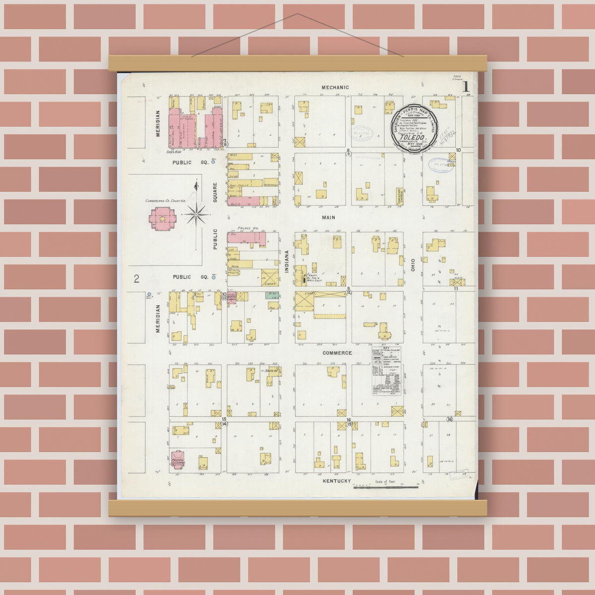 Old map wall art mockup — magnetic wood frame on brick wall — Sanborn Fire Insurance Map from Toledo, Cumberland County, Illinois (1898), Sheet #0001
