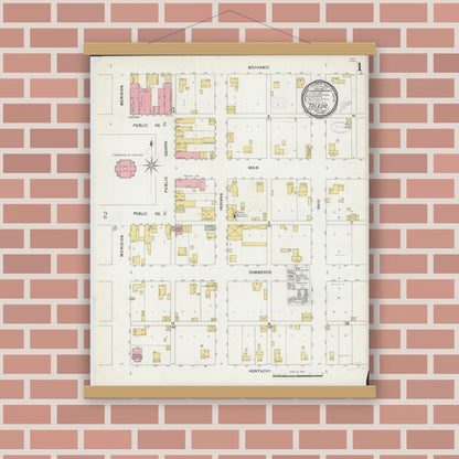 Old map wall art mockup — magnetic wood frame on brick wall — Sanborn Fire Insurance Map from Toledo, Cumberland County, Illinois (1898), Sheet #0001
