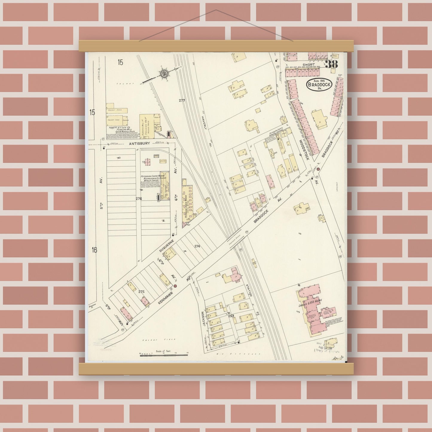 Old map wall art mockup — magnetic wood frame on brick wall — Sanborn Fire Insurance Map from Braddock, Allegheny County, Pennsylvania (1914), Sheet #0038