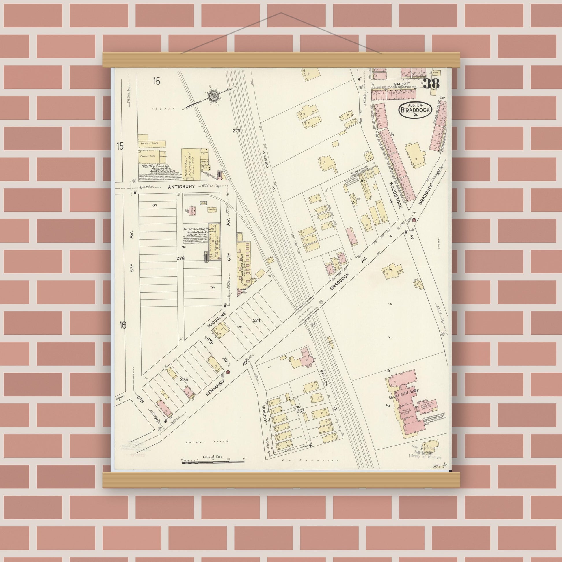 Old map wall art mockup — magnetic wood frame on brick wall — Sanborn Fire Insurance Map from Braddock, Allegheny County, Pennsylvania (1914), Sheet #0038