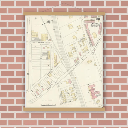 Old map wall art mockup — magnetic wood frame on brick wall — Sanborn Fire Insurance Map from Braddock, Allegheny County, Pennsylvania (1914), Sheet #0038