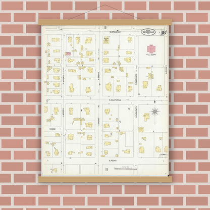 Old map wall art mockup — magnetic wood frame on brick wall — Sanborn Fire Insurance Map from Gainesville, Cooke County, Texas (1902), Sheet #0018