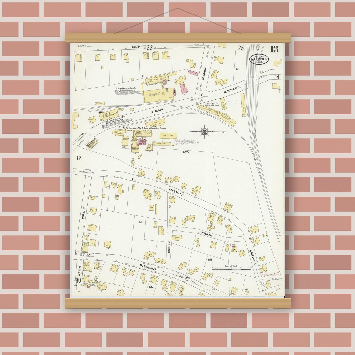 Old map wall art mockup — magnetic wood frame on brick wall — Sanborn Fire Insurance Map from Gardner, Worcester County, Massachusetts (1909), Sheet #0013