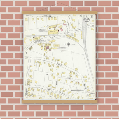 Old map wall art mockup — magnetic wood frame on brick wall — Sanborn Fire Insurance Map from Gardner, Worcester County, Massachusetts (1909), Sheet #0013