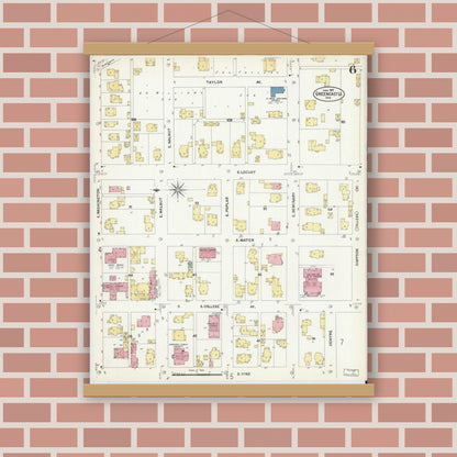 Old map wall art mockup — magnetic wood frame on brick wall — Sanborn Fire Insurance Map from Greencastle, Putnam County, Indiana (1907), Sheet #0006
