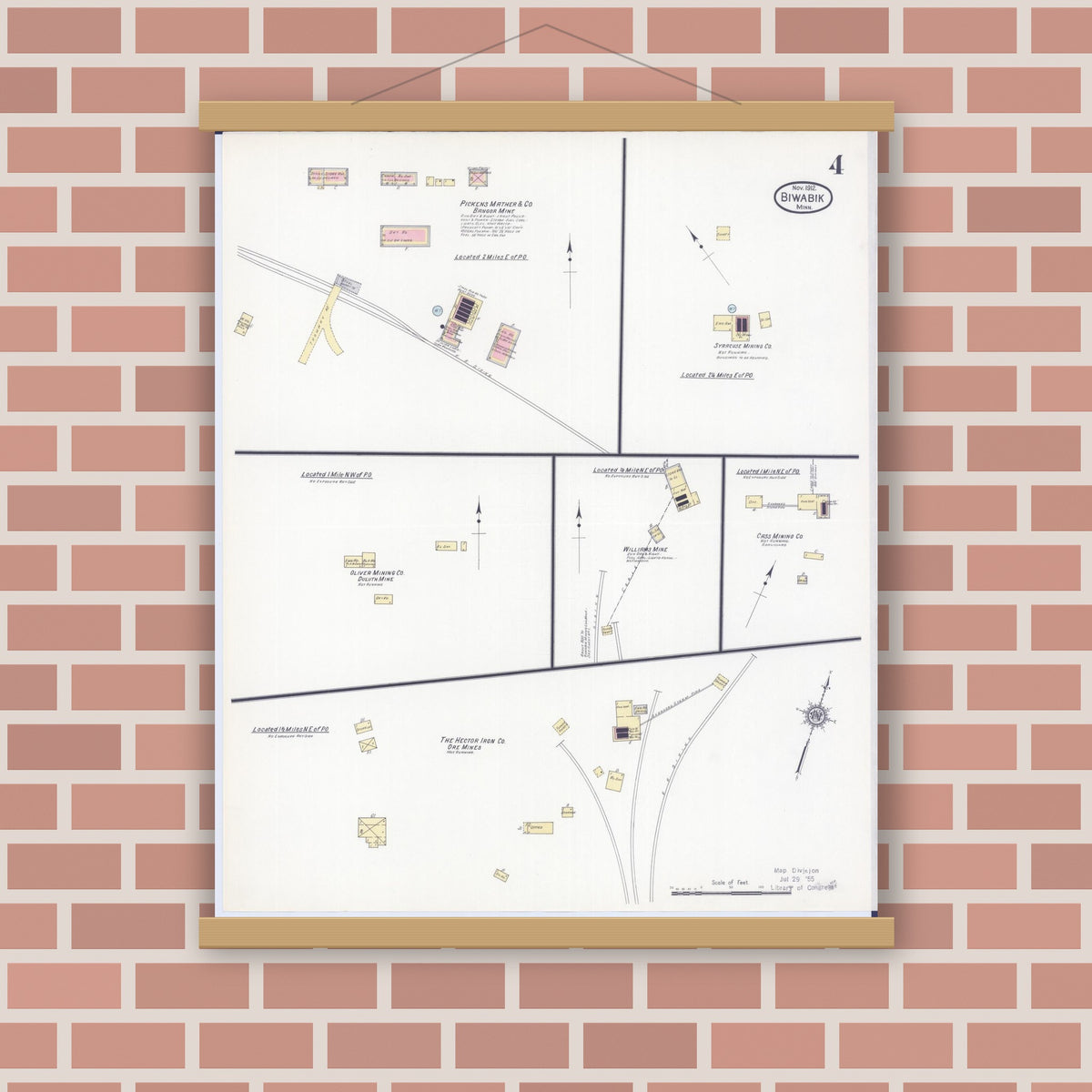 Old map wall art mockup — magnetic wood frame on brick wall — Sanborn Fire Insurance Map from Biwabik, Saint Louis County, Minnesota (1912), Sheet #0004