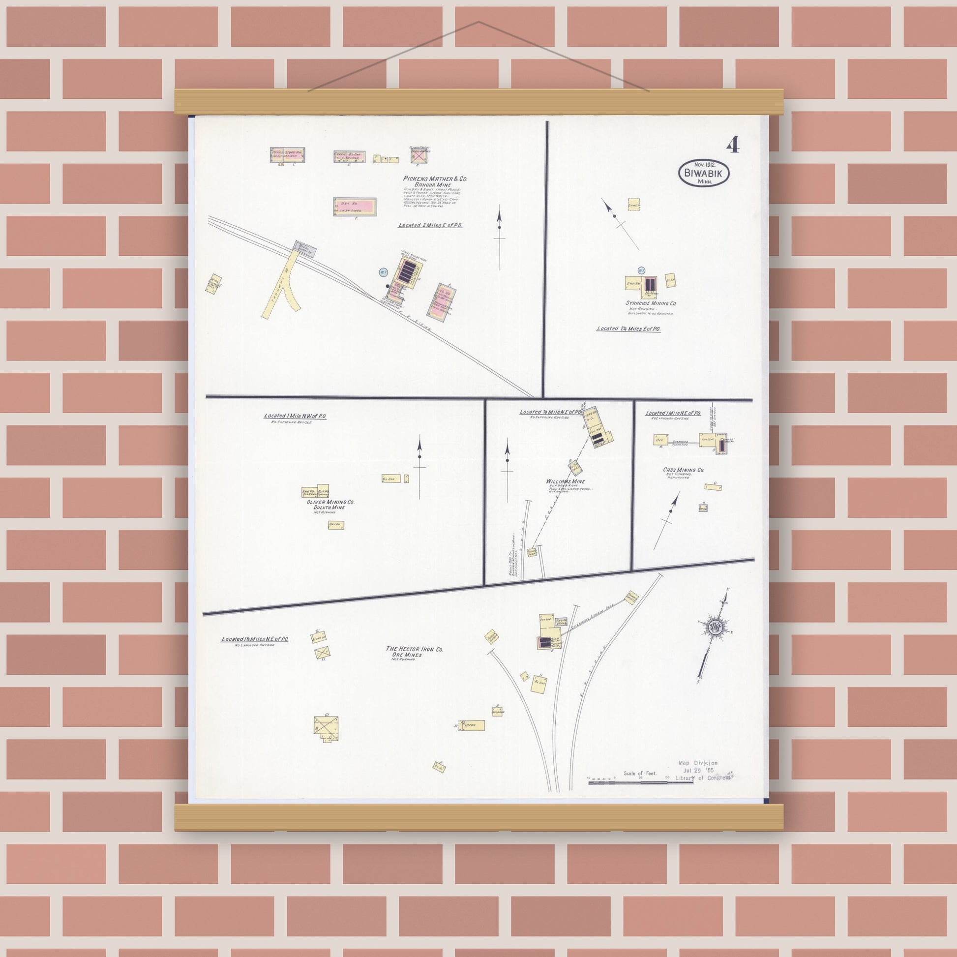 Old map wall art mockup — magnetic wood frame on brick wall — Sanborn Fire Insurance Map from Biwabik, Saint Louis County, Minnesota (1912), Sheet #0004