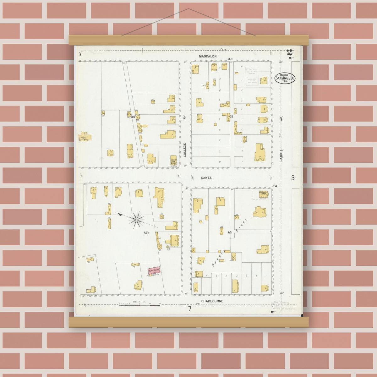 Old map wall art mockup — magnetic wood frame on brick wall — Sanborn Fire Insurance Map from San Angelo, Tom Green County, Texas (1900), Sheet #0002