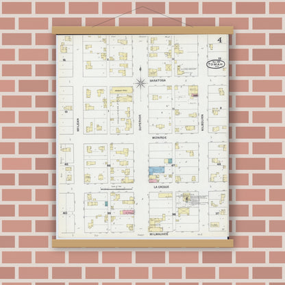 Old map wall art mockup — magnetic wood frame on brick wall — Sanborn Fire Insurance Map from Tomah, Monroe County, Wisconsin (1891), Sheet #0004