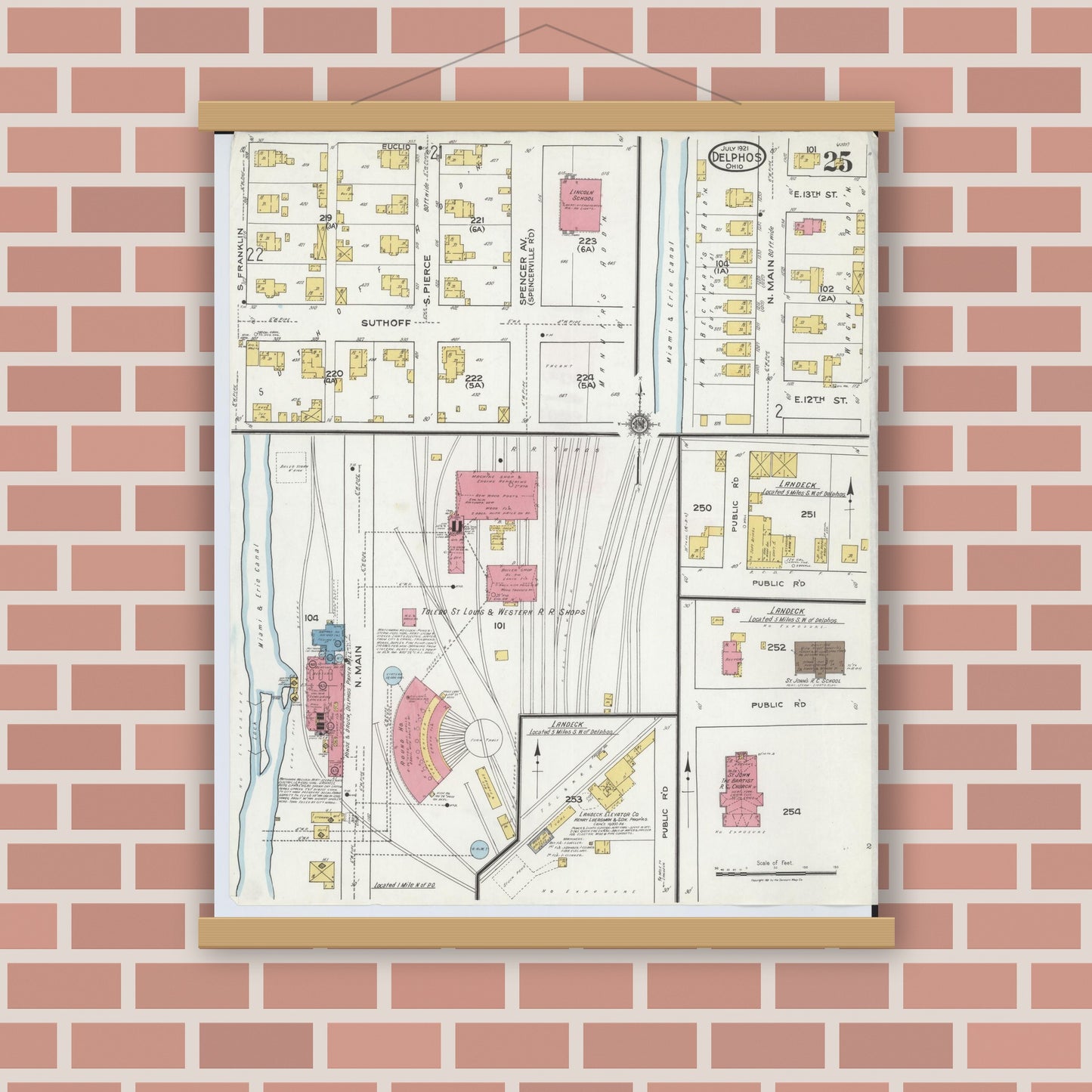 Old map wall art mockup — magnetic wood frame on brick wall — Sanborn Fire Insurance Map from Delphos, Van Wert And Allen Counties, Ohio (1921), Sheet #0025