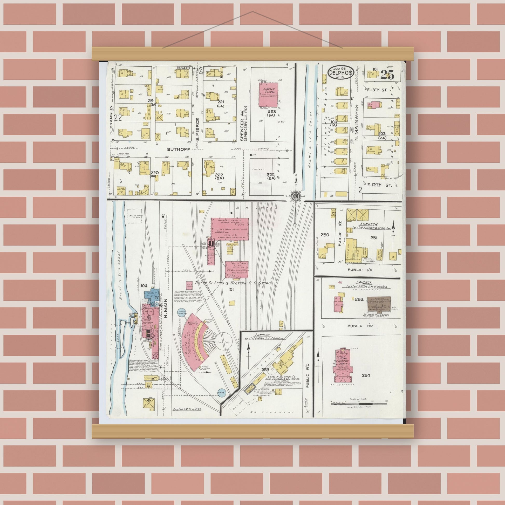Old map wall art mockup — magnetic wood frame on brick wall — Sanborn Fire Insurance Map from Delphos, Van Wert And Allen Counties, Ohio (1921), Sheet #0025