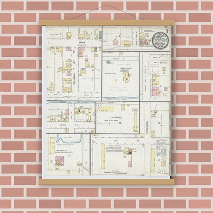 Old map wall art mockup — magnetic wood frame on brick wall — Sanborn Fire Insurance Map from Minster, Auglaize County, Ohio (1893) - Complete Map Set