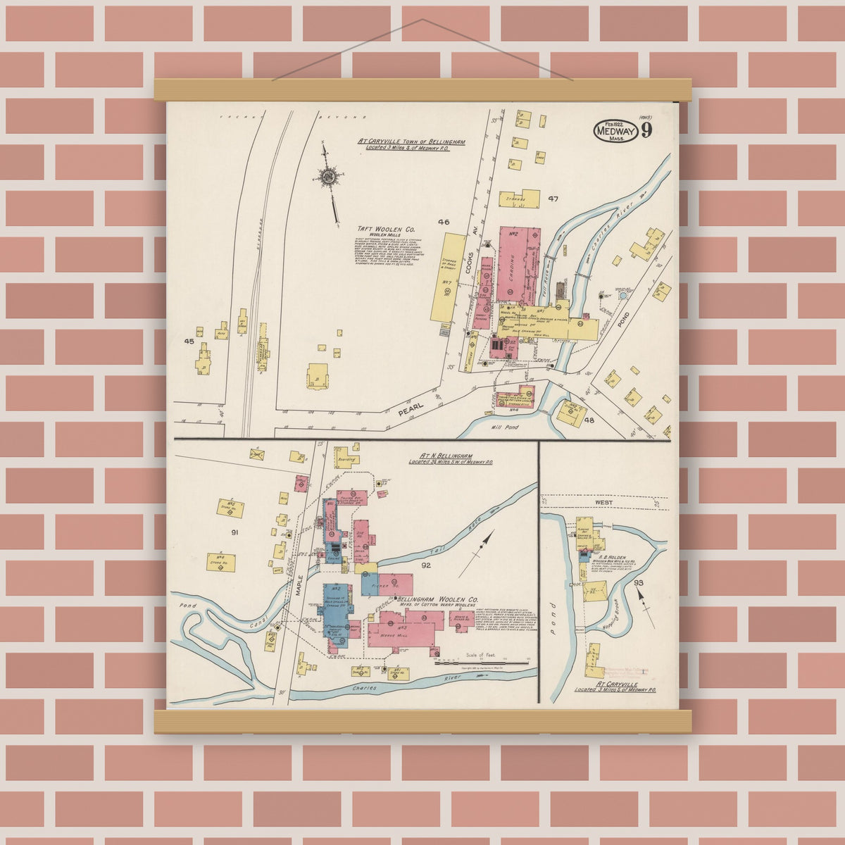 Old map wall art mockup — magnetic wood frame on brick wall — Sanborn Fire Insurance Map from Medway, Norfolk County, Massachusetts (1922), Sheet #0009