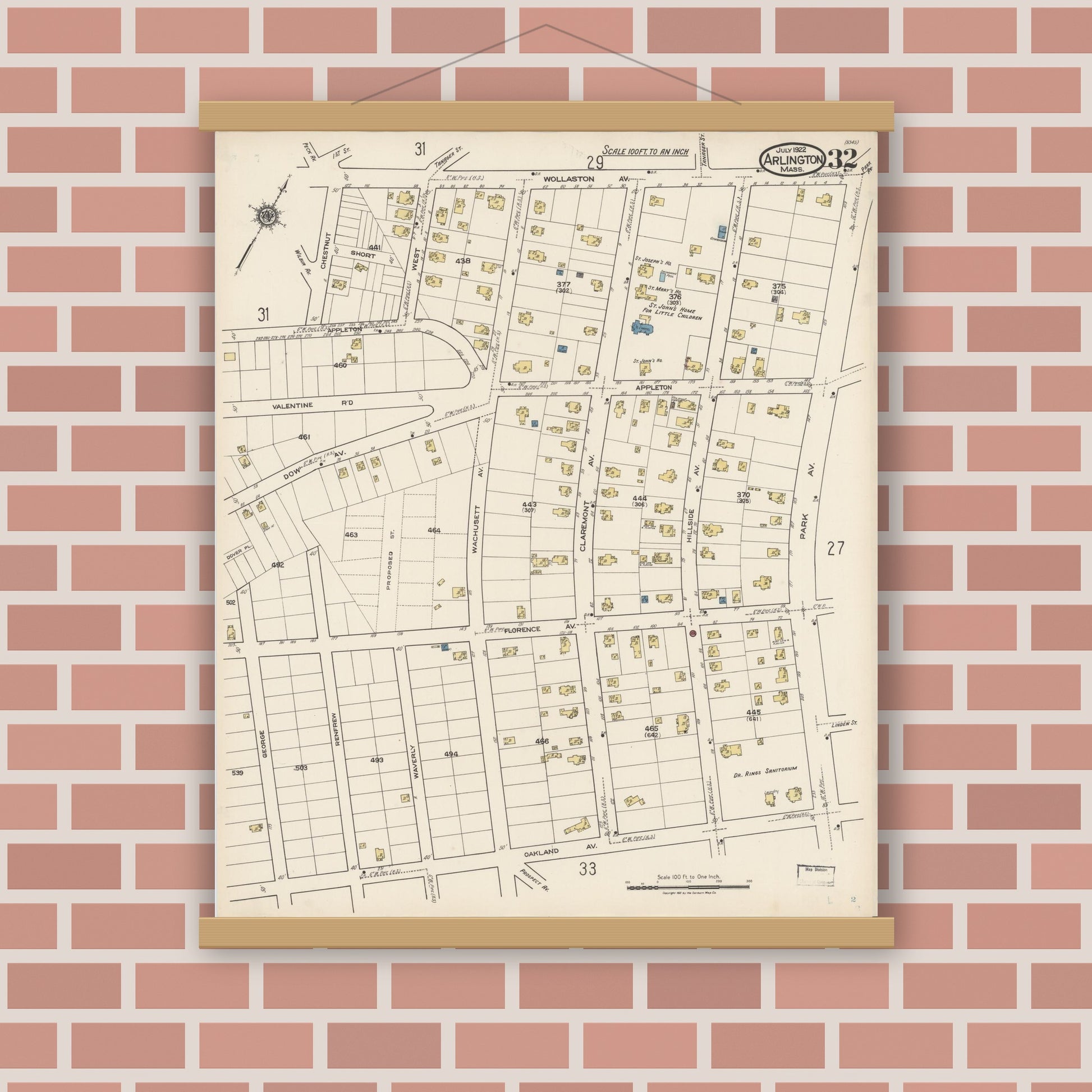 Old map wall art mockup — magnetic wood frame on brick wall — Sanborn Fire Insurance Map from Arlington, Middlesex County, Massachusetts (1922), Sheet #0032