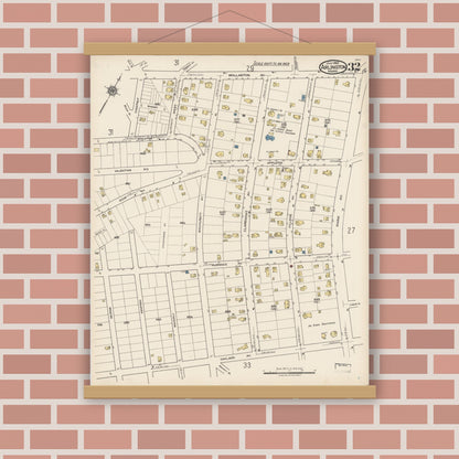 Old map wall art mockup — magnetic wood frame on brick wall — Sanborn Fire Insurance Map from Arlington, Middlesex County, Massachusetts (1922), Sheet #0032