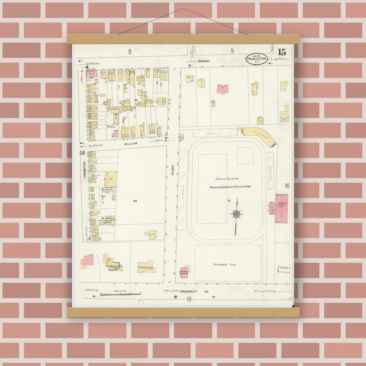 Old map wall art mockup — magnetic wood frame on brick wall — Sanborn Fire Insurance Map from Princeton, Mercer County, New Jersey (1911), Sheet #0015