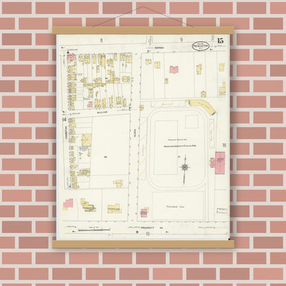 Old map wall art mockup — magnetic wood frame on brick wall — Sanborn Fire Insurance Map from Princeton, Mercer County, New Jersey (1911), Sheet #0015
