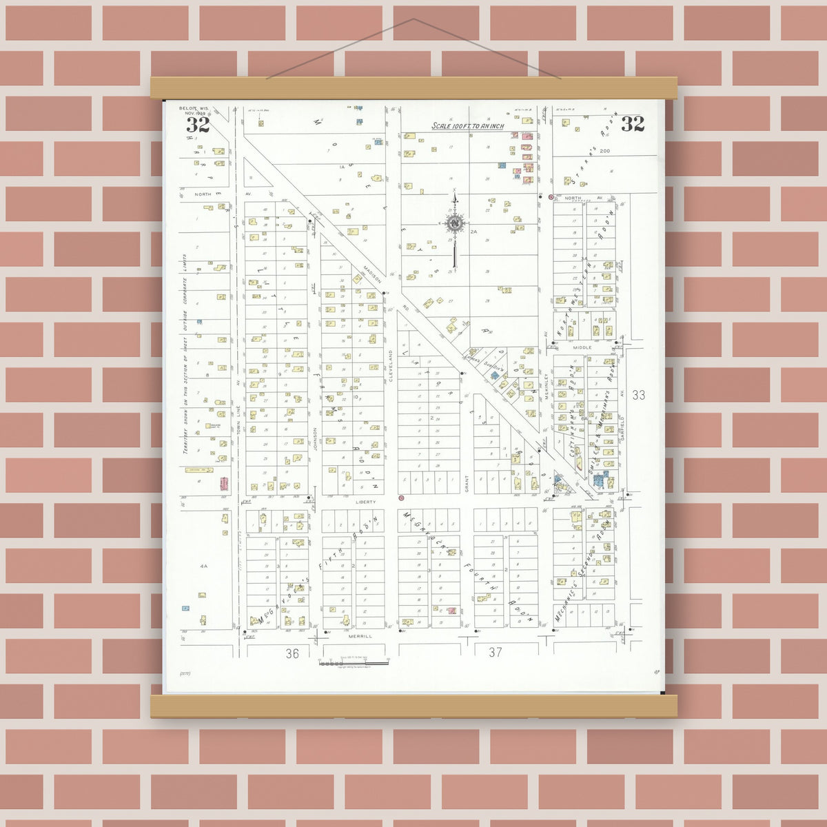 Old map wall art mockup — magnetic wood frame on brick wall — Sanborn Fire Insurance Map from Beloit, Rock County, Wisconsin (1939), Sheet #0032