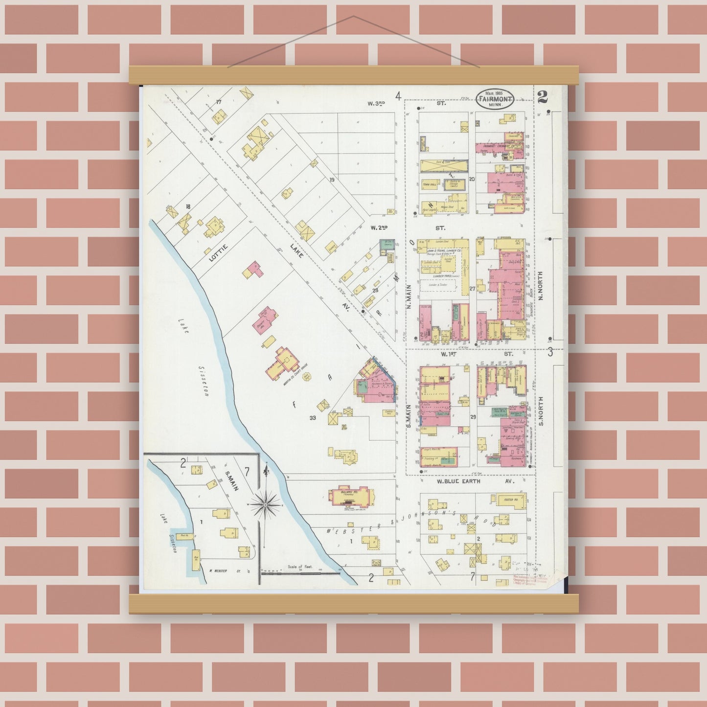 Old map wall art mockup — magnetic wood frame on brick wall — Sanborn Fire Insurance Map from Fairmont, Martin County, Minnesota (1905), Sheet #0002
