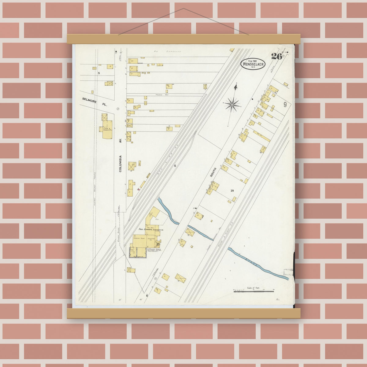Old map wall art mockup — magnetic wood frame on brick wall — Sanborn Fire Insurance Map from Rensselaer, Rensselaer County, New York (1909), Sheet #0026