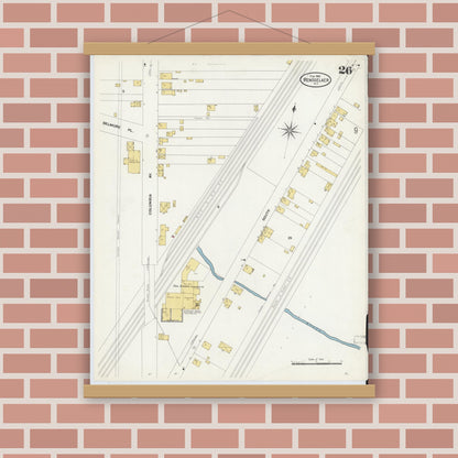 Old map wall art mockup — magnetic wood frame on brick wall — Sanborn Fire Insurance Map from Rensselaer, Rensselaer County, New York (1909), Sheet #0026