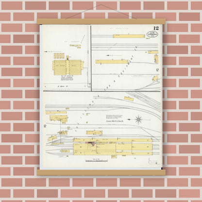 Old map wall art mockup — magnetic wood frame on brick wall — Sanborn Fire Insurance Map from Urbana, Champaign County, Ohio (1901), Sheet #0012