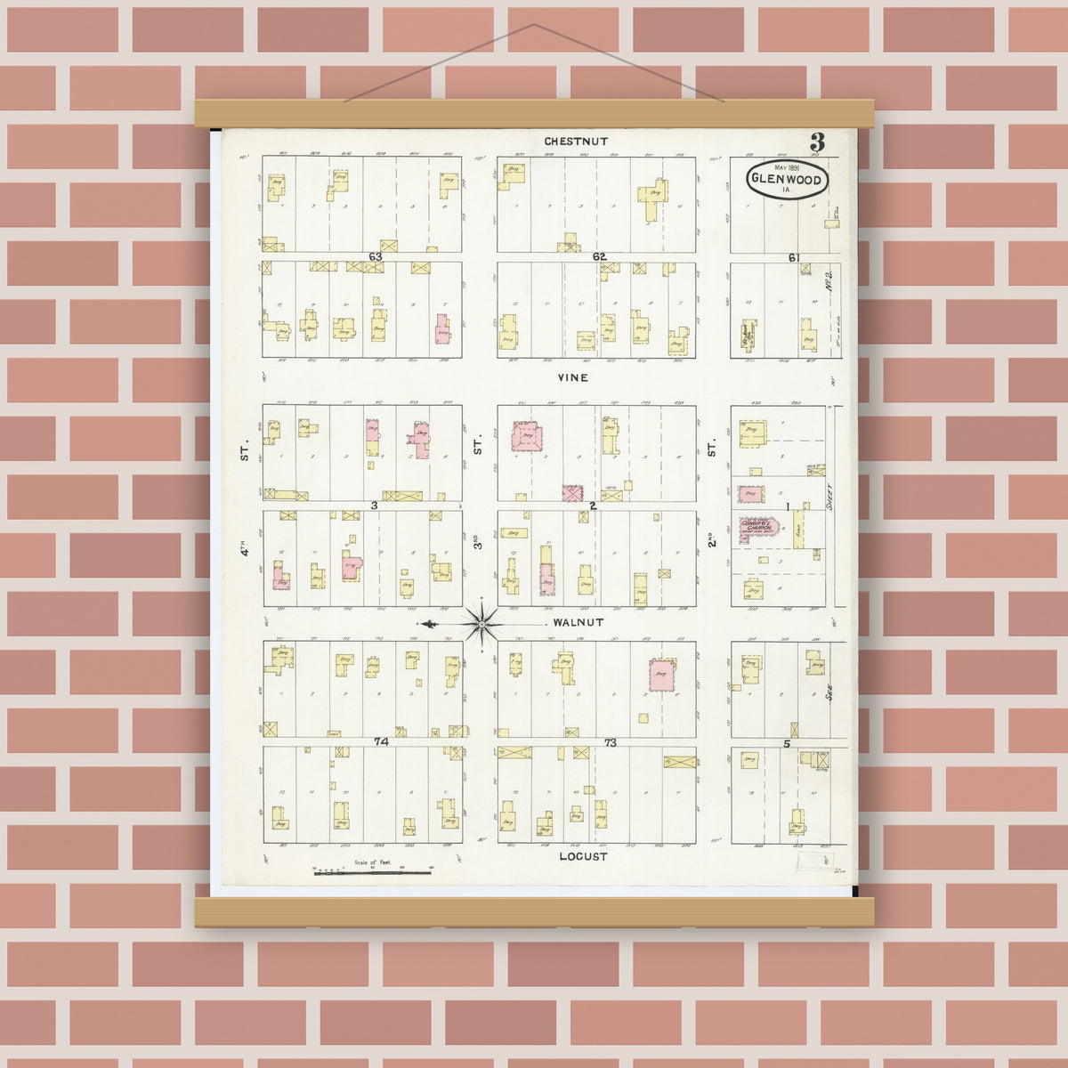 Old map wall art mockup — magnetic wood frame on brick wall — Sanborn Fire Insurance Map from Glenwood, Mills County, Iowa (1891), Sheet #0003