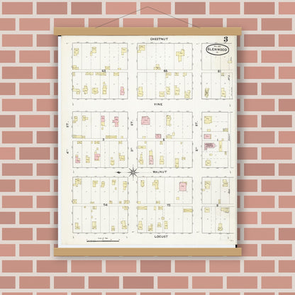 Old map wall art mockup — magnetic wood frame on brick wall — Sanborn Fire Insurance Map from Glenwood, Mills County, Iowa (1891), Sheet #0003