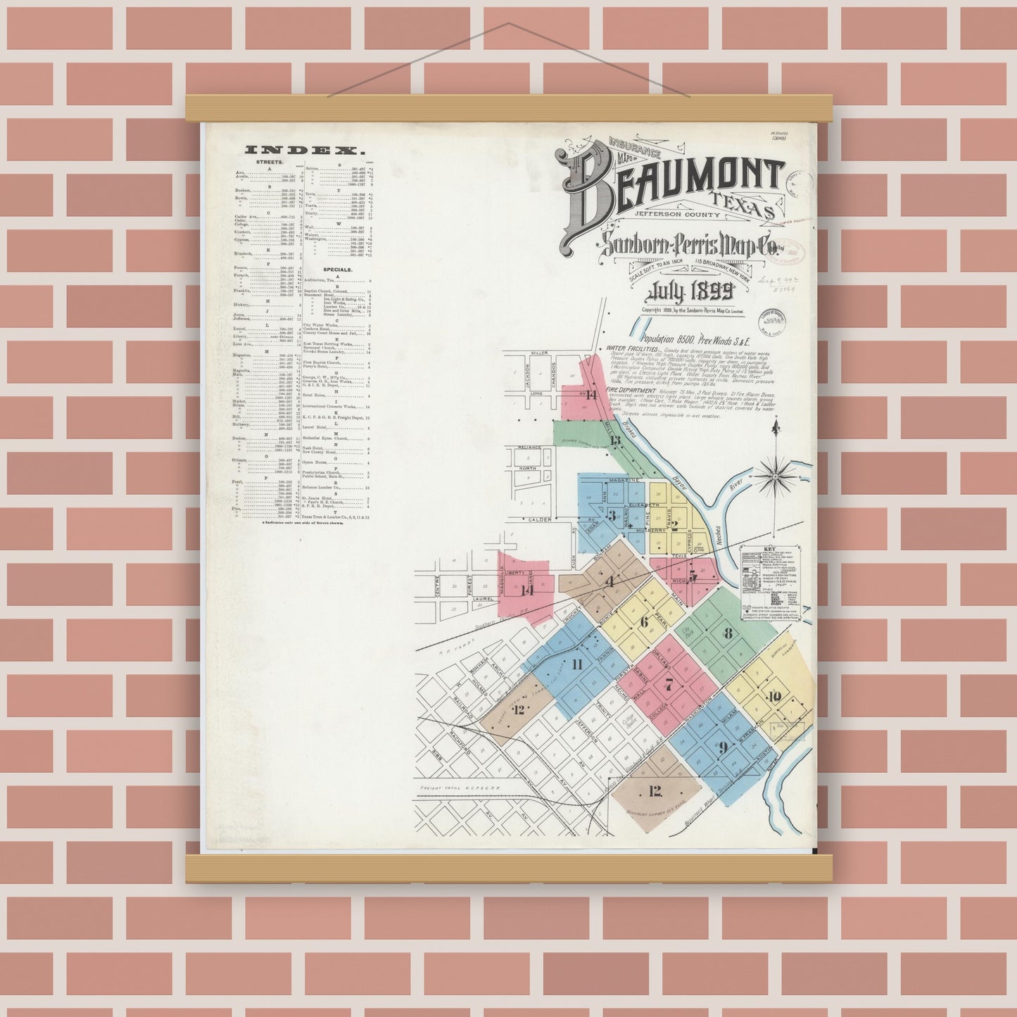 Old map wall art mockup — magnetic wood frame on brick wall — Sanborn Fire Insurance Map from Beaumont, Jefferson County, Texas (1899), Sheet #0001
