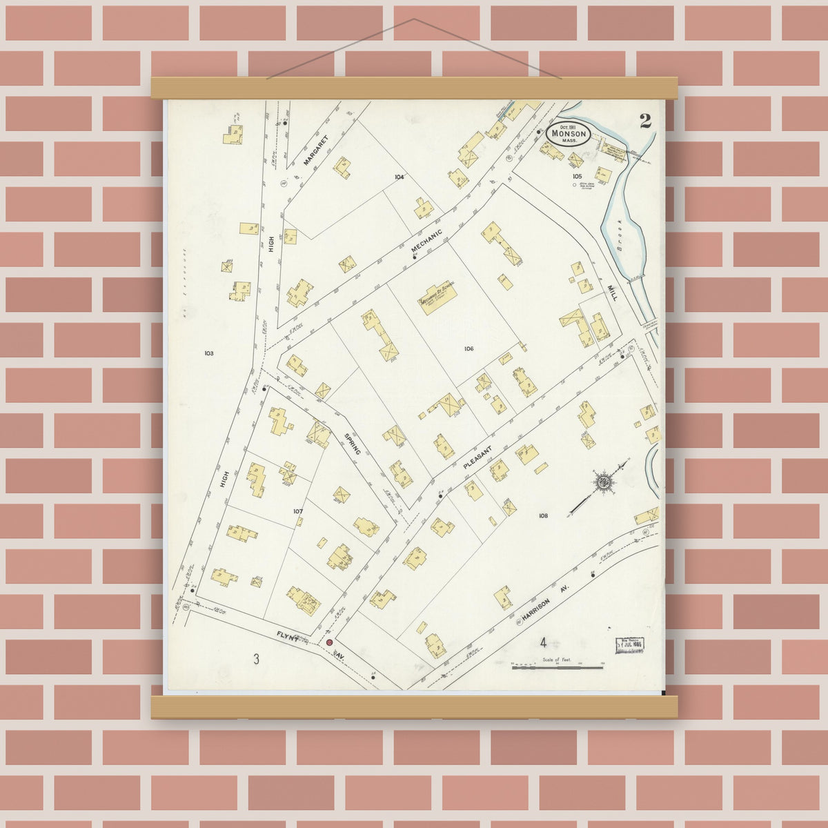 Old map wall art mockup — magnetic wood frame on brick wall — Sanborn Fire Insurance Map from Monson, Hampden County, Massachusetts (1911), Sheet #0002