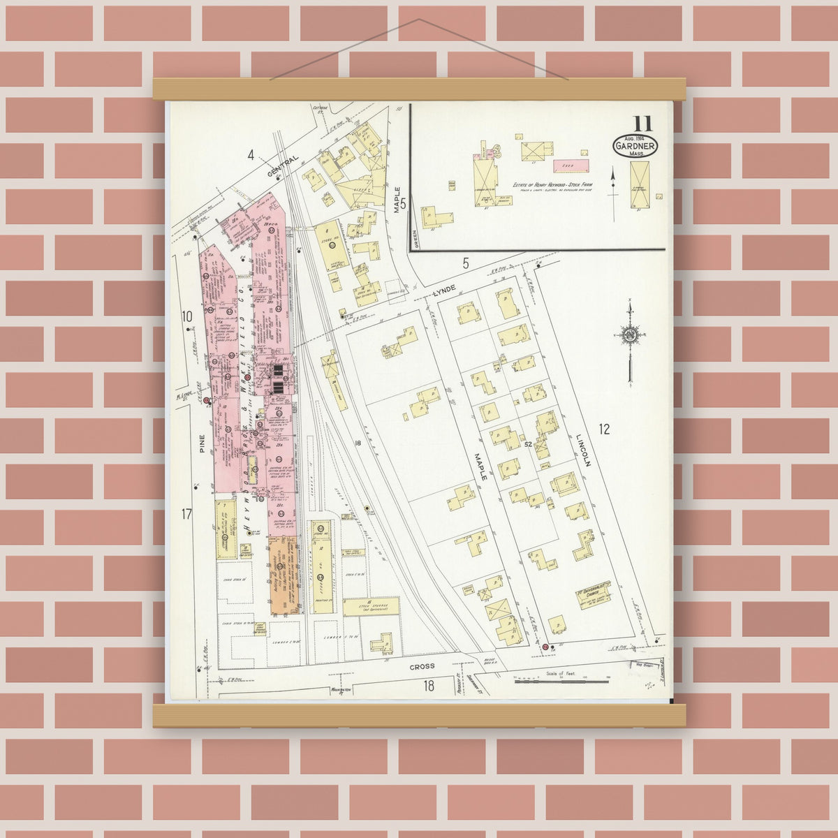 Old map wall art mockup — magnetic wood frame on brick wall — Sanborn Fire Insurance Map from Gardner, Worcester County, Massachusetts (1914), Sheet #0011