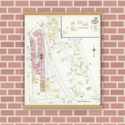 Old map wall art mockup — magnetic wood frame on brick wall — Sanborn Fire Insurance Map from Gardner, Worcester County, Massachusetts (1914), Sheet #0011