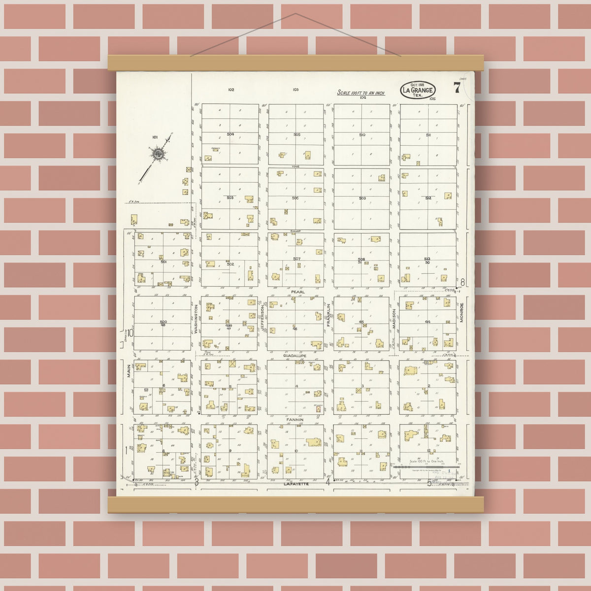 Old map wall art mockup — magnetic wood frame on brick wall — Sanborn Fire Insurance Map from La Grange, Fayette County, Texas (1921), Sheet #0007