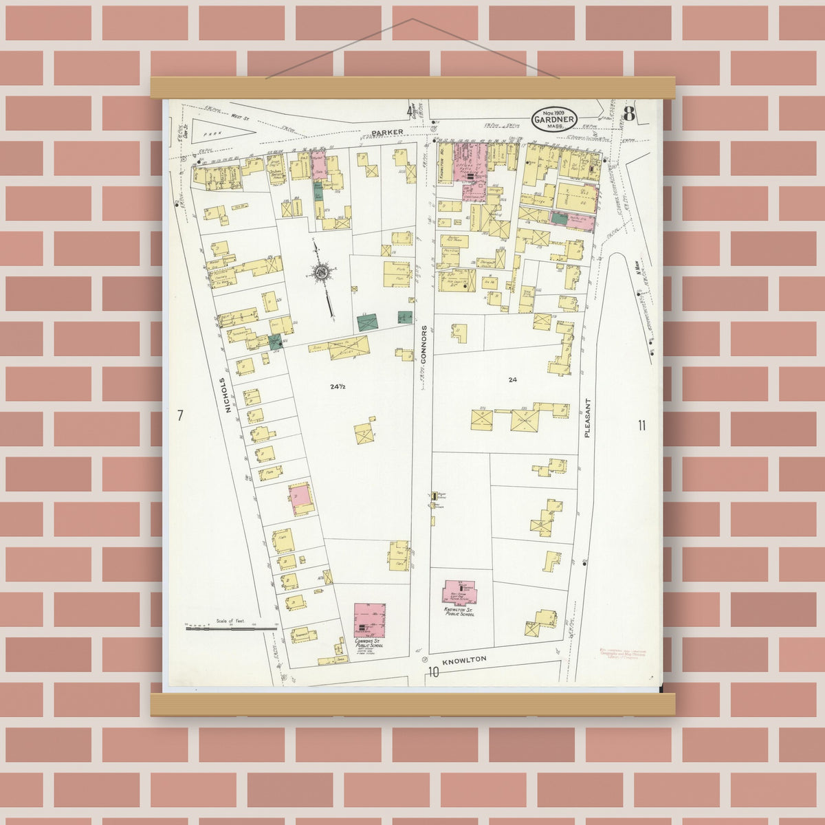 Old map wall art mockup — magnetic wood frame on brick wall — Sanborn Fire Insurance Map from Gardner, Worcester County, Massachusetts (1909), Sheet #0008