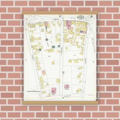 Old map wall art mockup — magnetic wood frame on brick wall — Sanborn Fire Insurance Map from Gardner, Worcester County, Massachusetts (1909), Sheet #0008