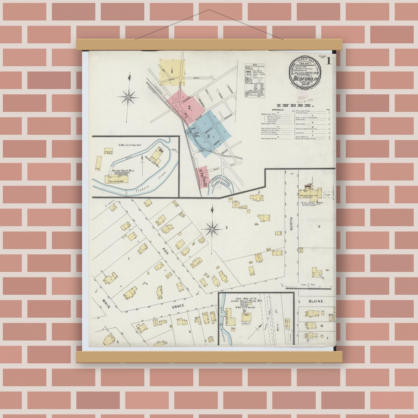 Old map wall art mockup — magnetic wood frame on brick wall — Sanborn Fire Insurance Map from Bedford, Cuyahoga County, Ohio (1896) - Complete Map Set