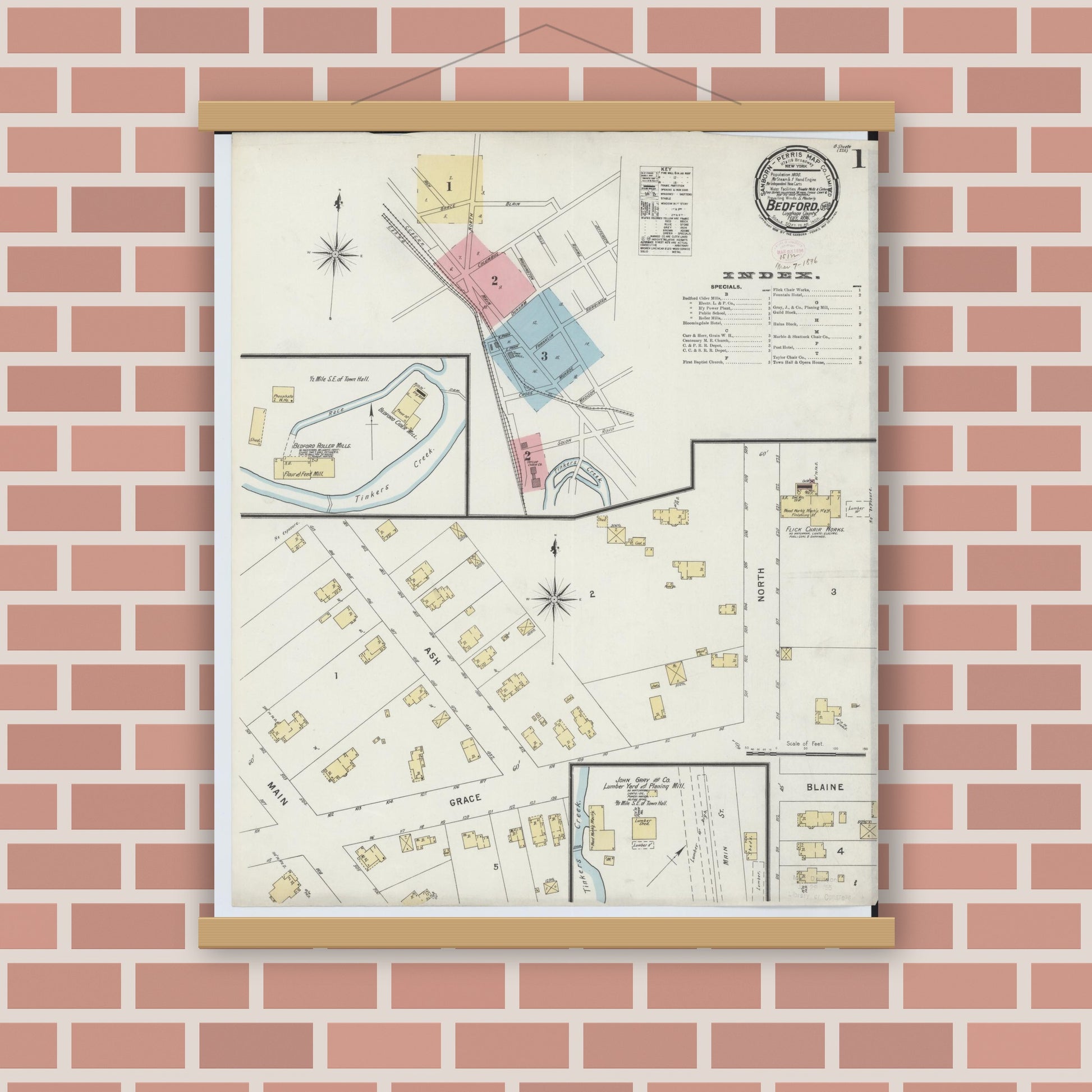 Old map wall art mockup — magnetic wood frame on brick wall — Sanborn Fire Insurance Map from Bedford, Cuyahoga County, Ohio (1896) - Complete Map Set