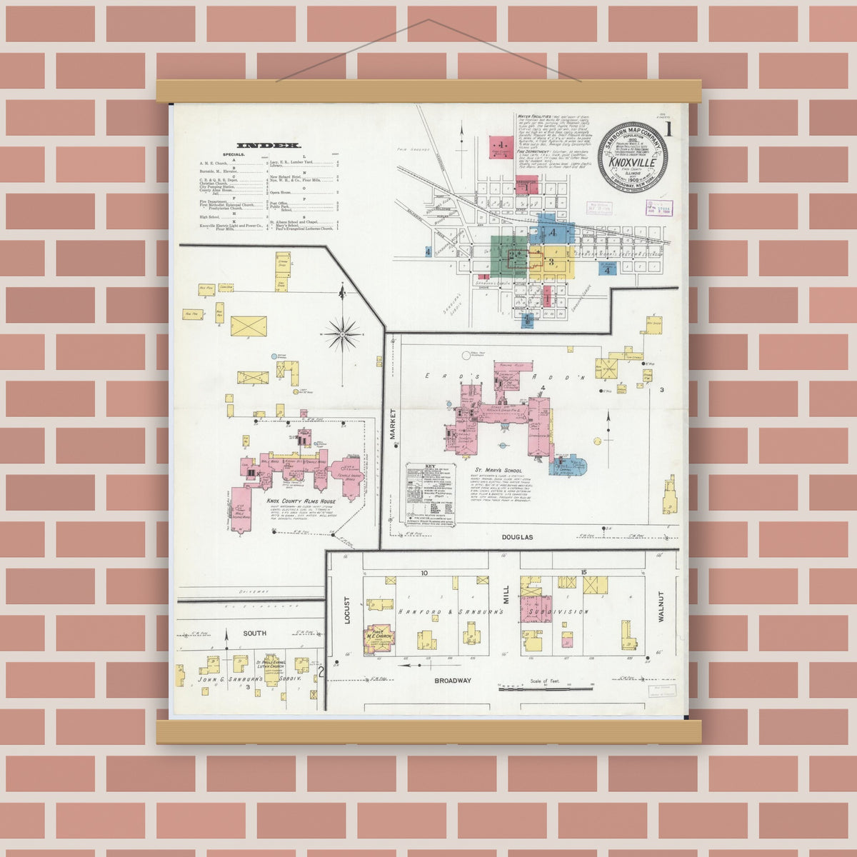 Old map wall art mockup — magnetic wood frame on brick wall — Sanborn Fire Insurance Map from Knoxville, Knox County, Illinois (1909) - Complete Map Set