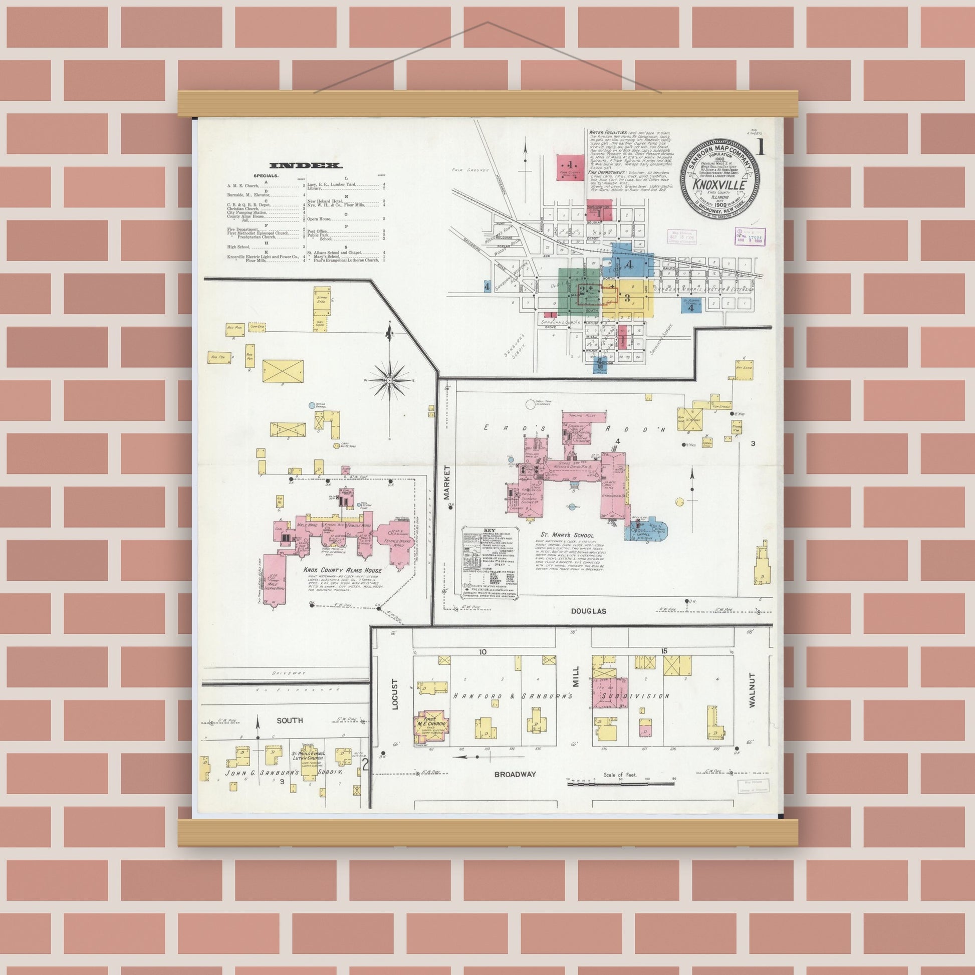Old map wall art mockup — magnetic wood frame on brick wall — Sanborn Fire Insurance Map from Knoxville, Knox County, Illinois (1909) - Complete Map Set