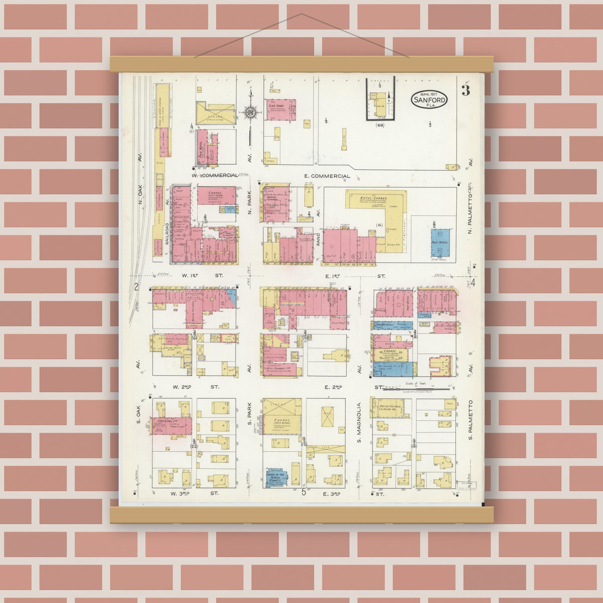 Old map wall art mockup — magnetic wood frame on brick wall — Sanborn Fire Insurance Map from Sanford, Seminole County, Florida (1917), Sheet #0003