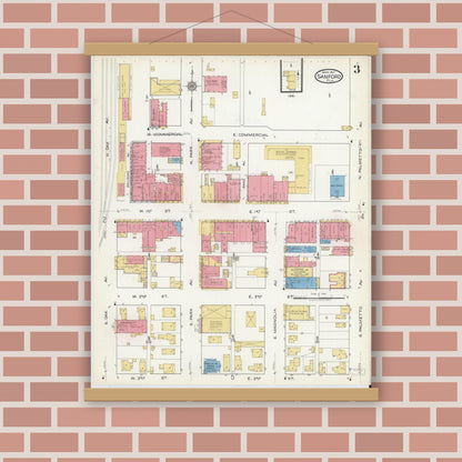 Old map wall art mockup — magnetic wood frame on brick wall — Sanborn Fire Insurance Map from Sanford, Seminole County, Florida (1917), Sheet #0003