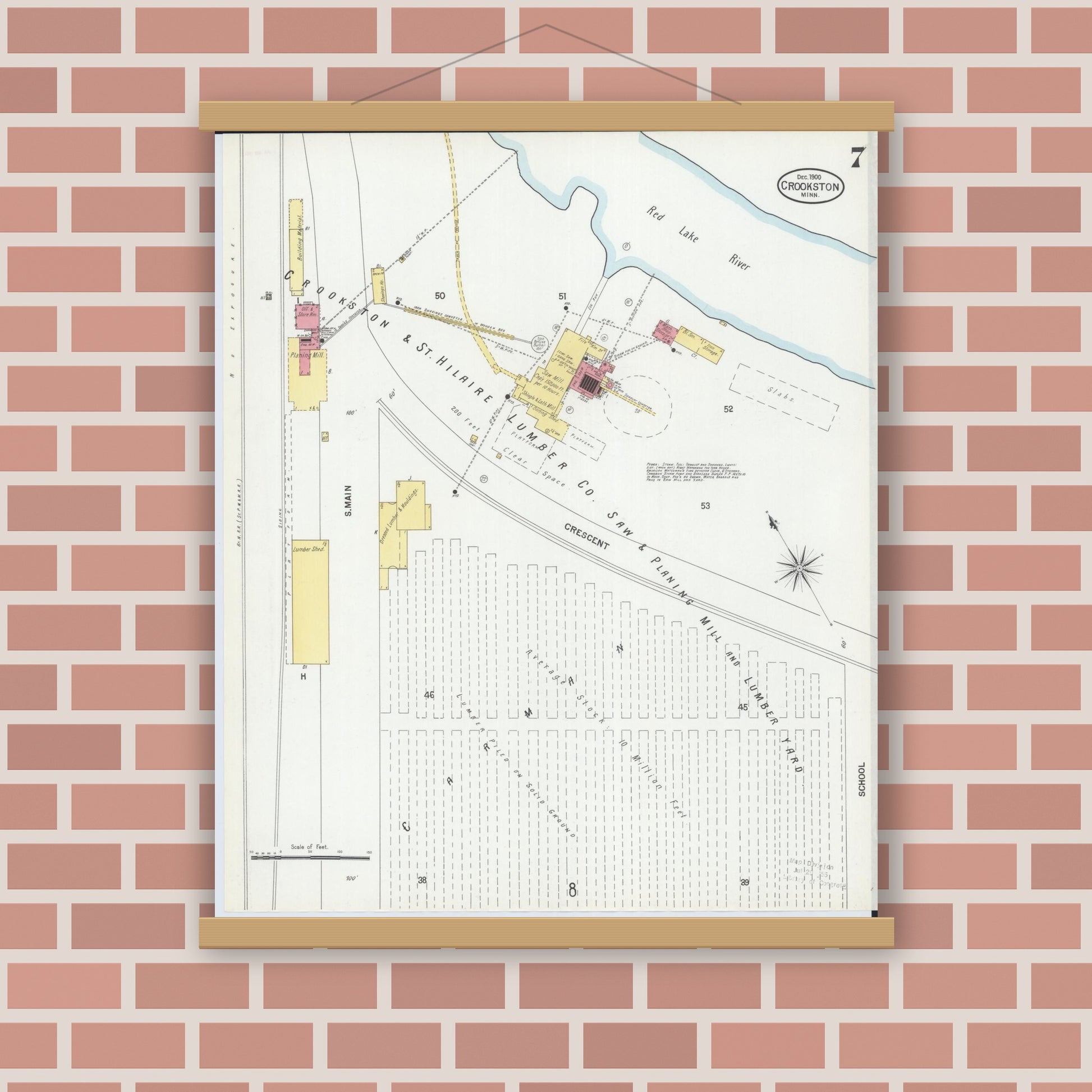 Old map wall art mockup — magnetic wood frame on brick wall — Sanborn Fire Insurance Map from Crookston, Polk County, Minnesota (1900), Sheet #0007